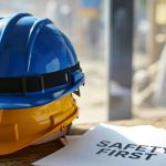 Dois capacetes de segurança empilhados, em cima de uma mesa, com uma folha escrito "Segurança primeiro". Fundo de uma obra.
