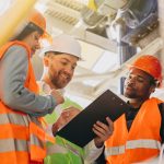 três profissionais de segurança do trabalho olhando para uma prancheta.