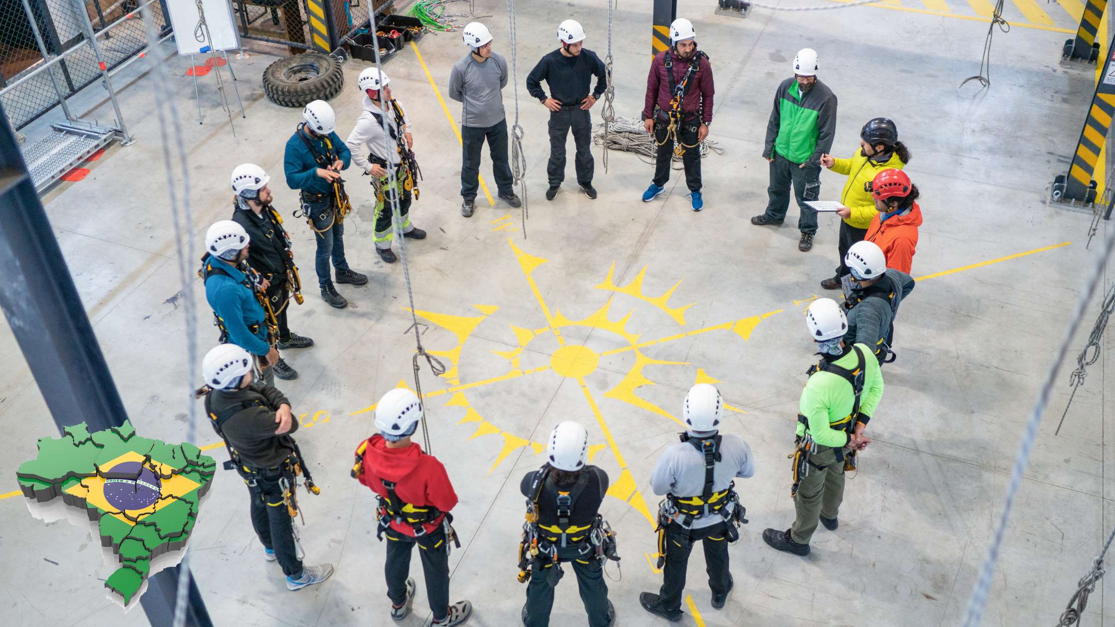 Roda de pessoas com equipamentos de segurança