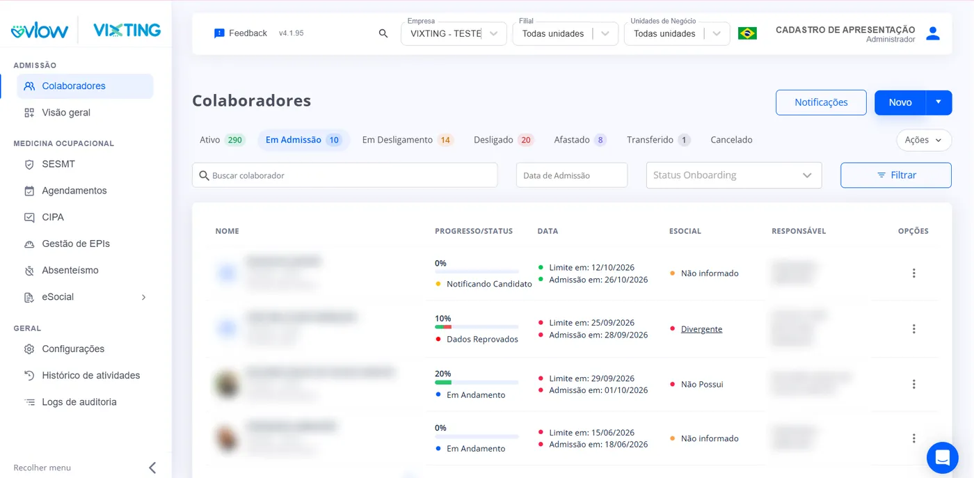 Tela de colaboradores em admissão da plataforma Vixting